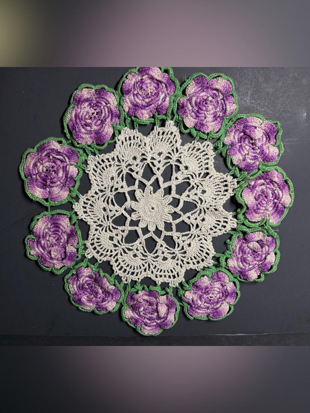 Vintage Hand Crochet 3D Purple Floral Doily Star Burst Lace Center Cottage Core